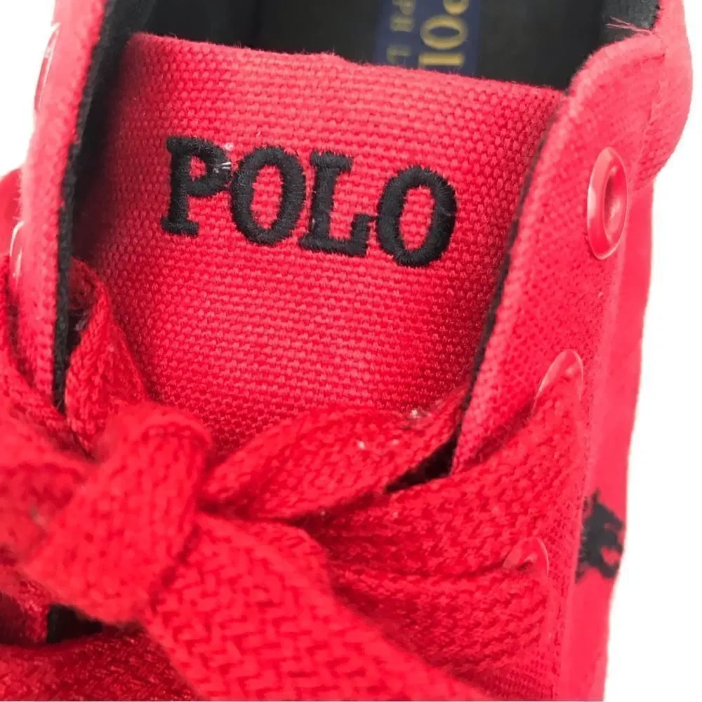 Polo Ralph Lauren Red Canvas Lace Up Deck Boat Shoes with Black Logo